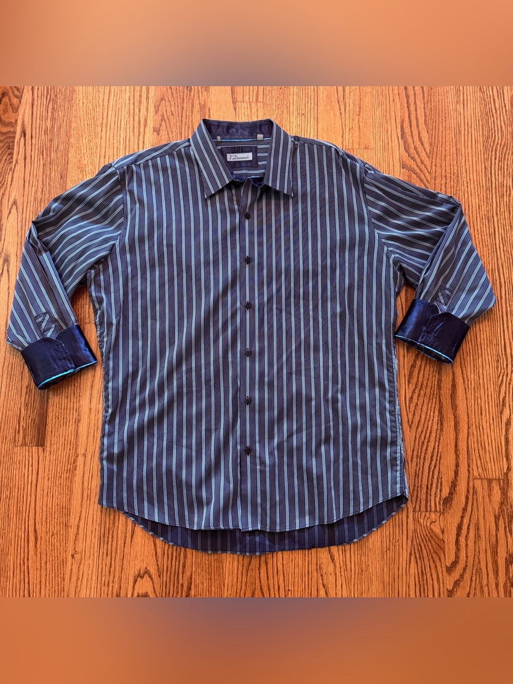 7 Diamonds Men's Dress Shirt 2XL 34/35 Blue Black Stripe Cotton Contrast